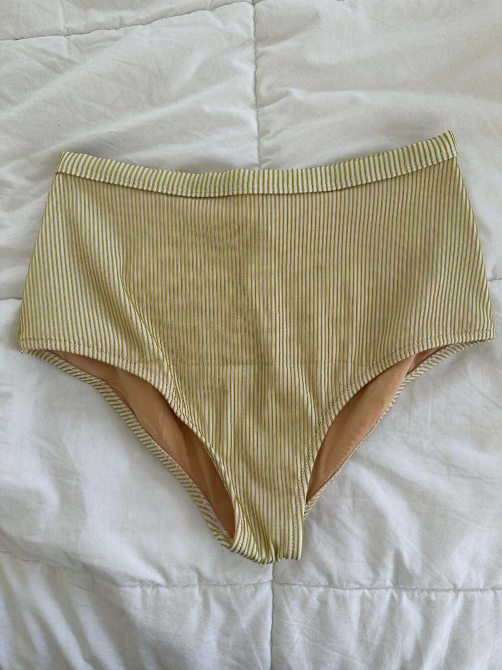 Rhythm High Waisted Bikini Bottoms in Green and White Striped Shimmer
